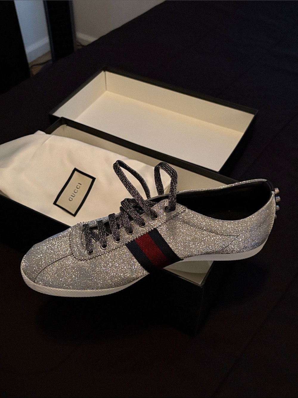 Gucci Silver Glitter Sneaker with Red & Navy Web Stripe